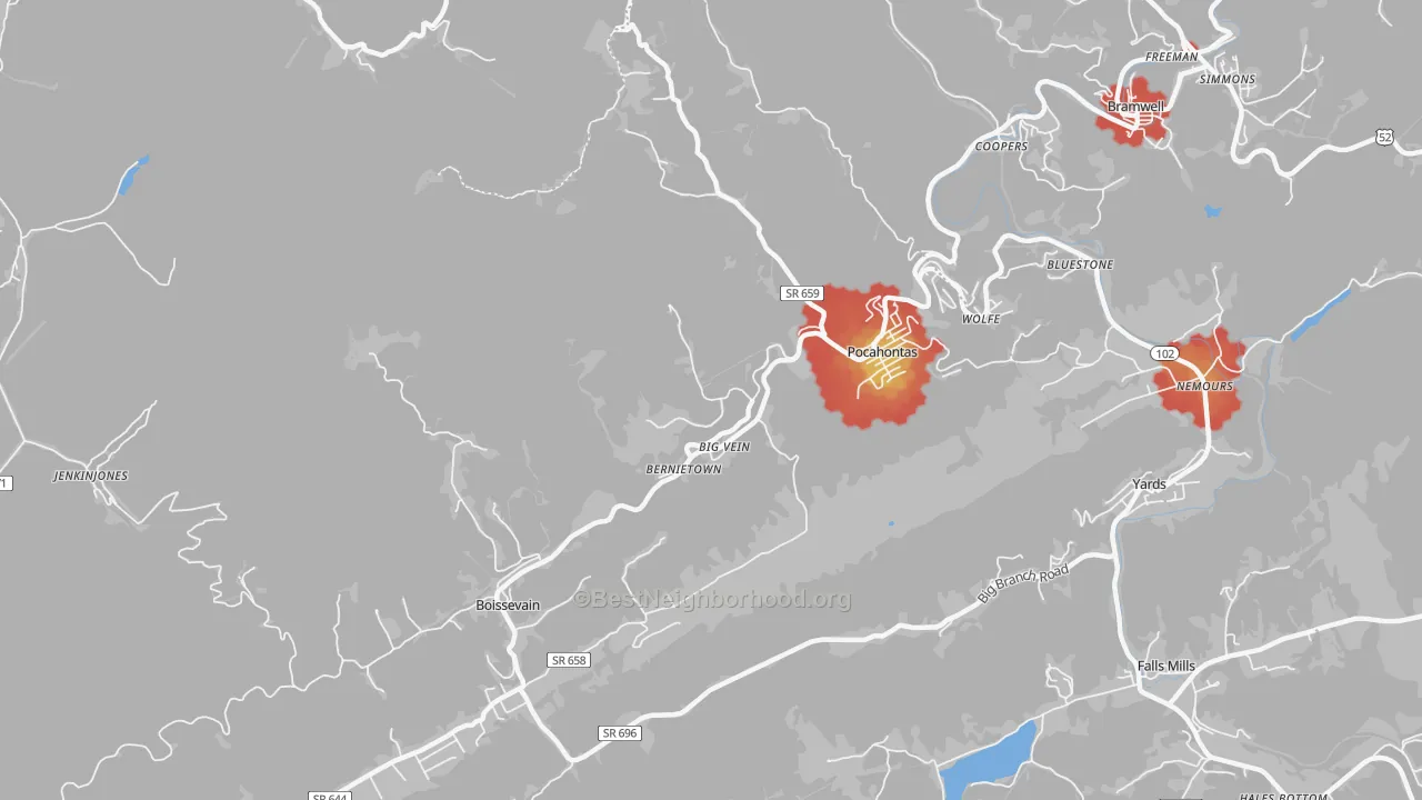 Walk Grade map of Pocahontas, VA, walkable areas in green and car-dependent areas in red