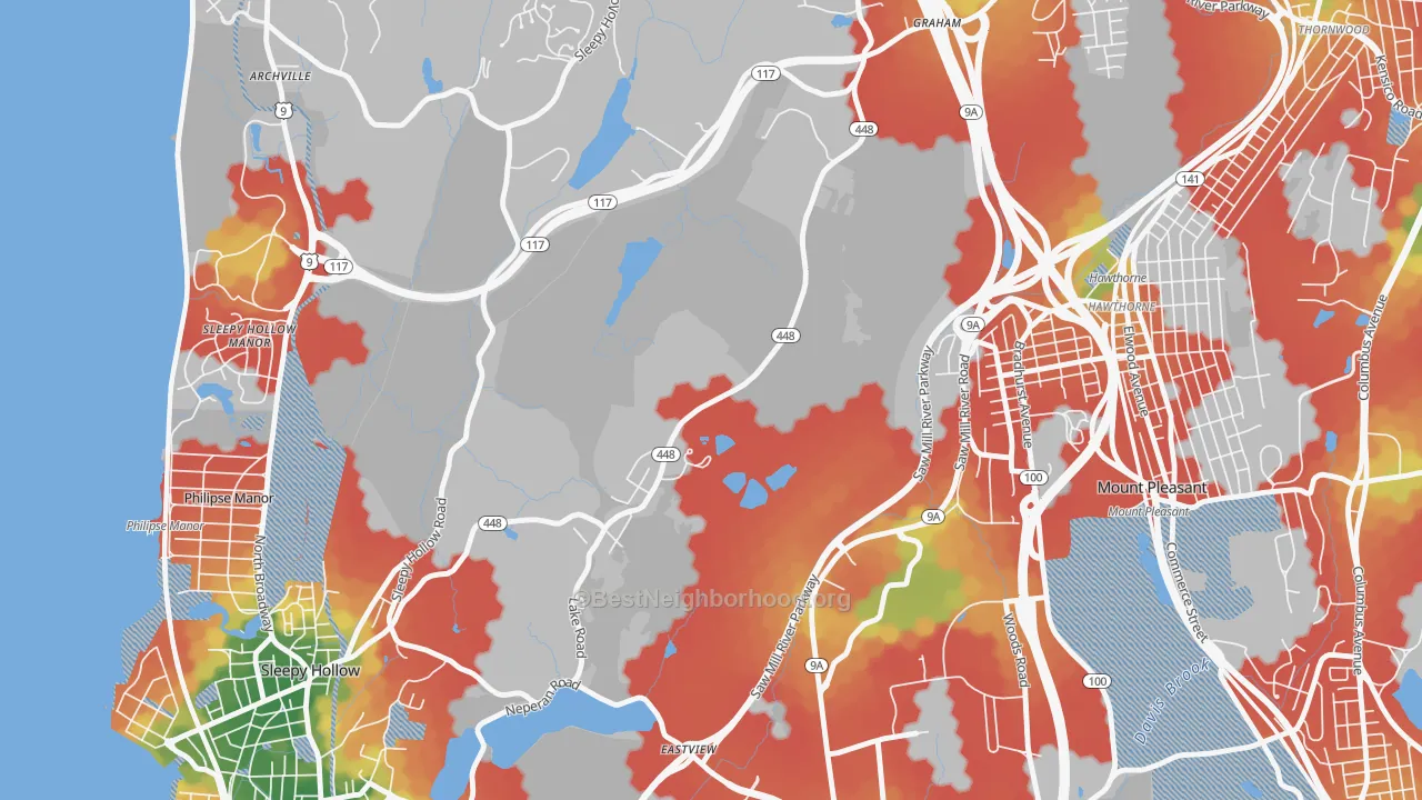 Walk Grade map of Pocantico Hills, NY, walkable areas in green and car-dependent areas in red
