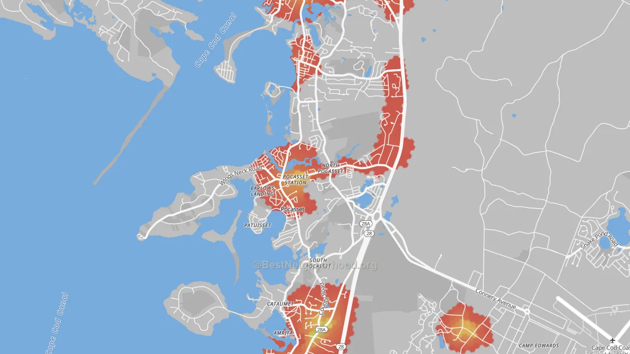 Walk Grade map of Pocasset, MA, walkable areas in green and car-dependent areas in red