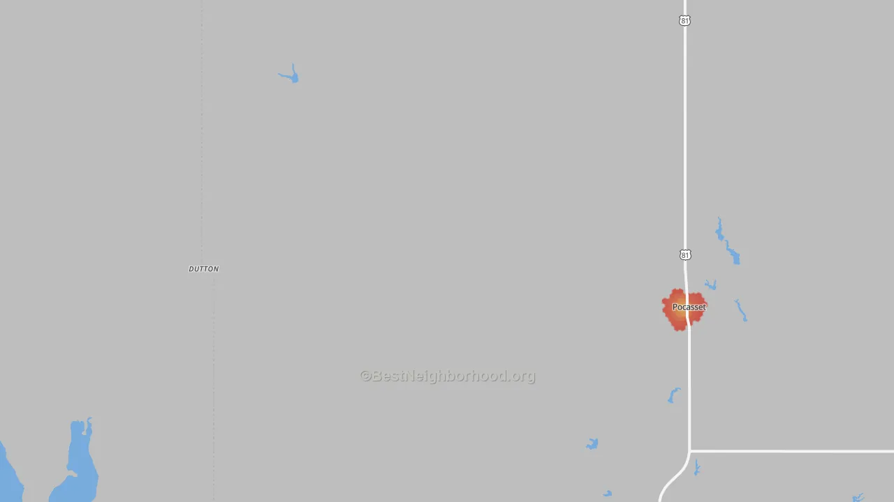 Walk Grade map of Pocasset, OK, walkable areas in green and car-dependent areas in red