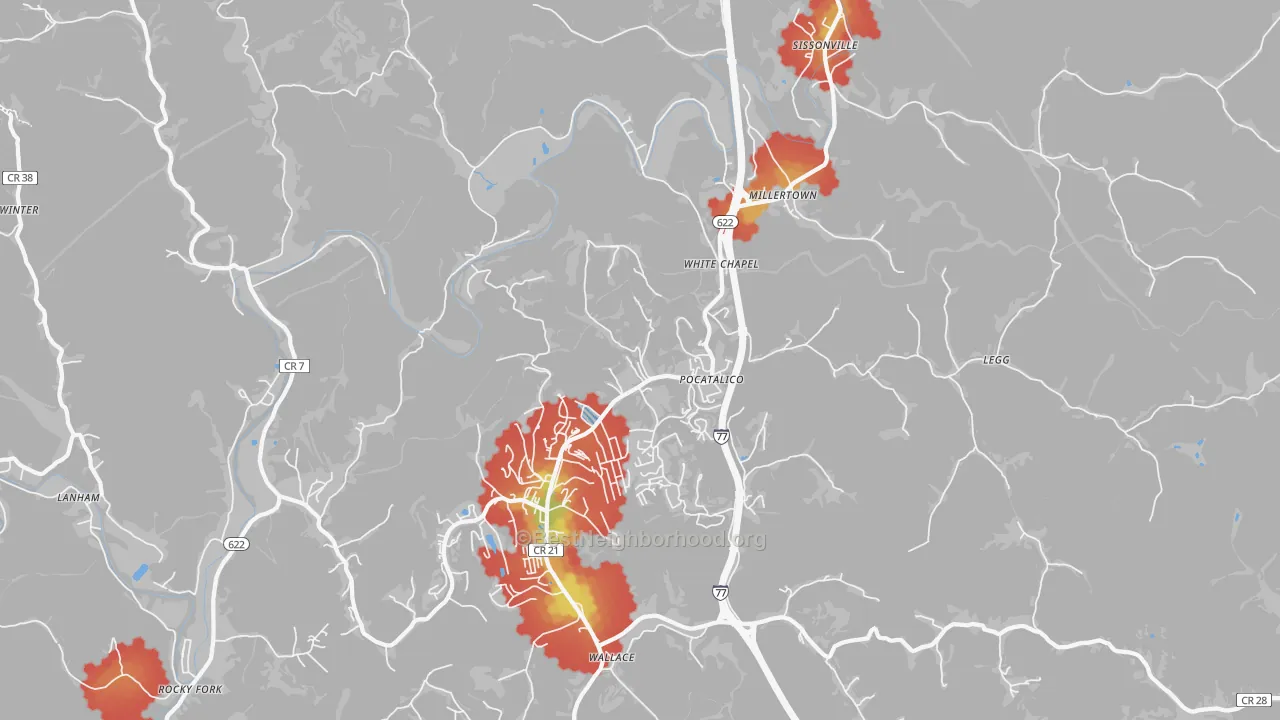 Walk Grade map of Pocatalico, WV, walkable areas in green and car-dependent areas in red
