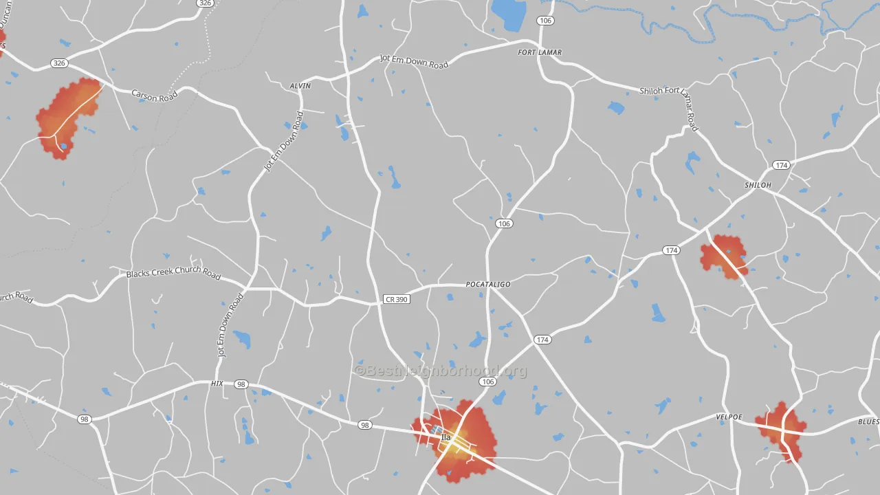 Walk Grade map of Pocataligo, GA, walkable areas in green and car-dependent areas in red
