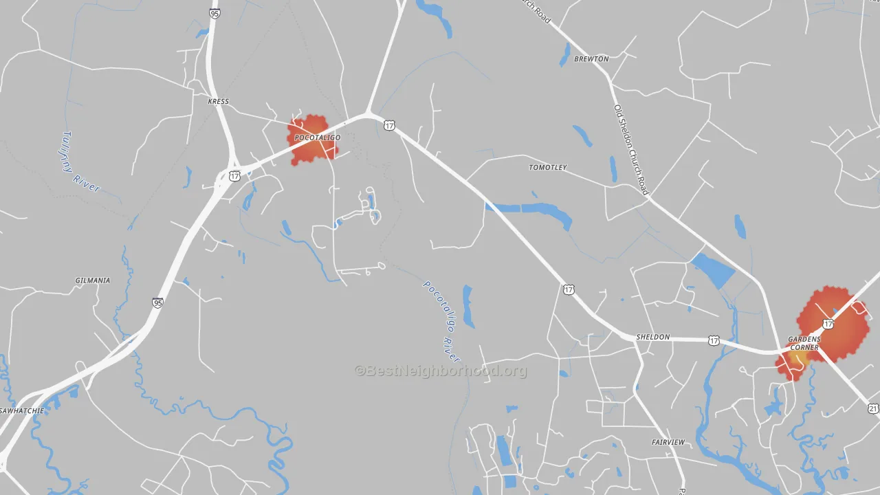 Walk Grade map of Pocataligo, SC, walkable areas in green and car-dependent areas in red