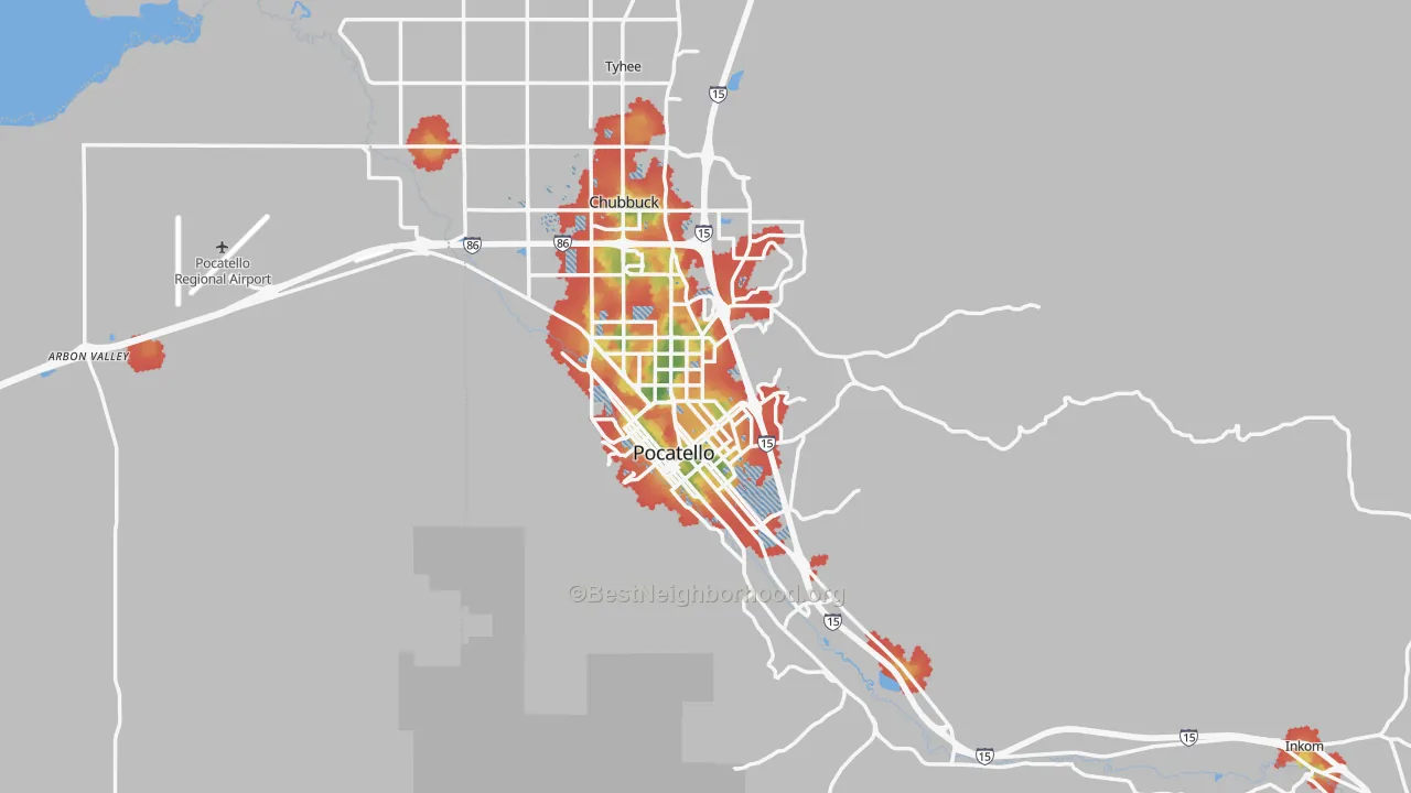 Walk Grade map of Pocatello, ID, walkable areas in green and car-dependent areas in red