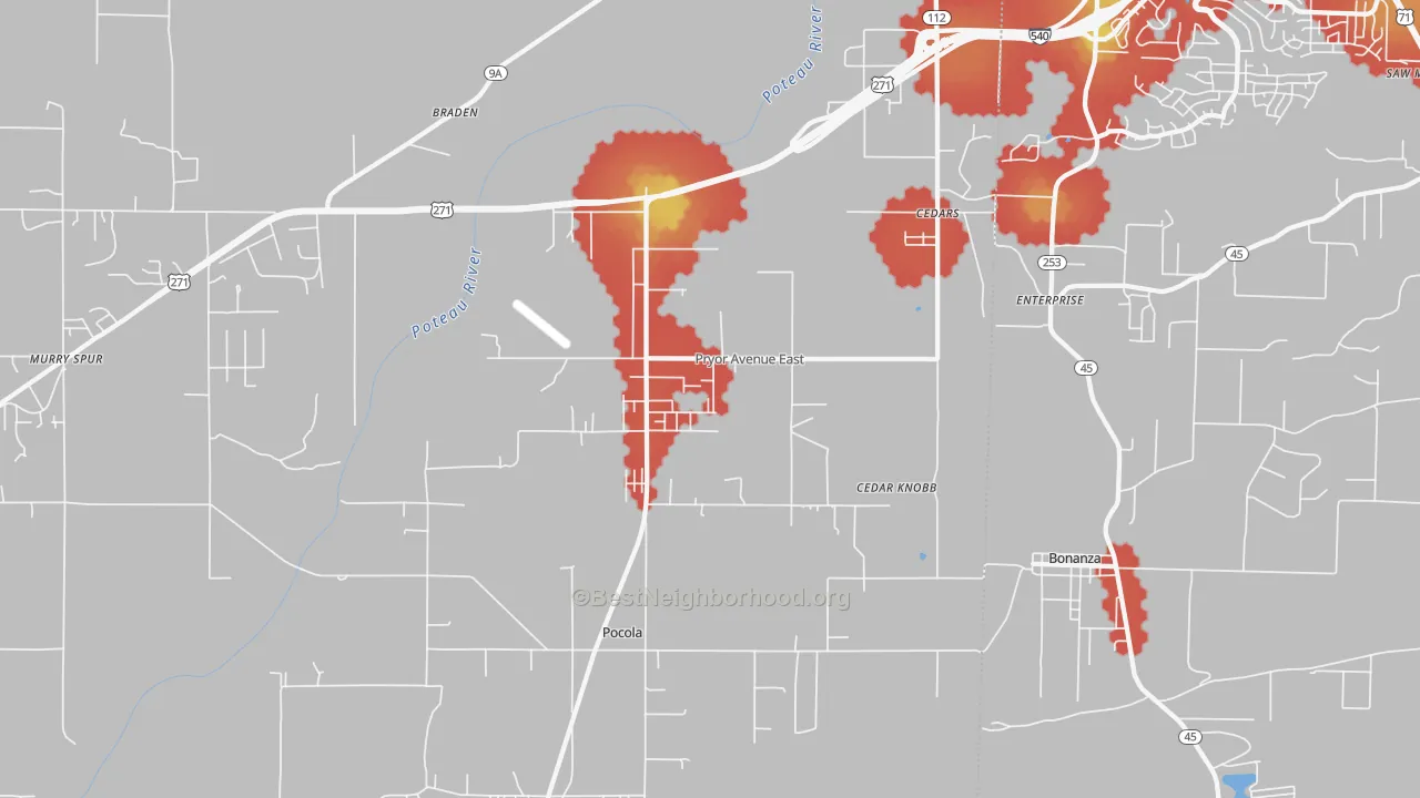 Walk Grade map of Pocola, OK, walkable areas in green and car-dependent areas in red