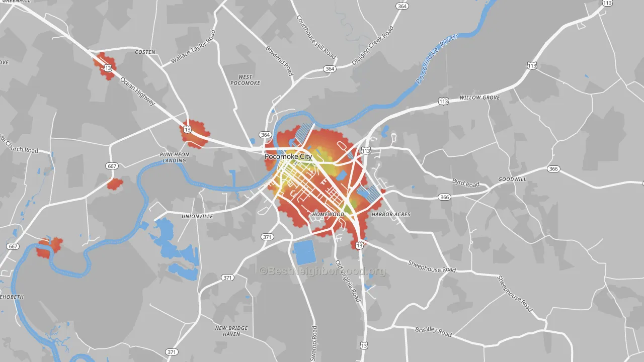 Walk Grade map of Pocomoke City, MD, walkable areas in green and car-dependent areas in red