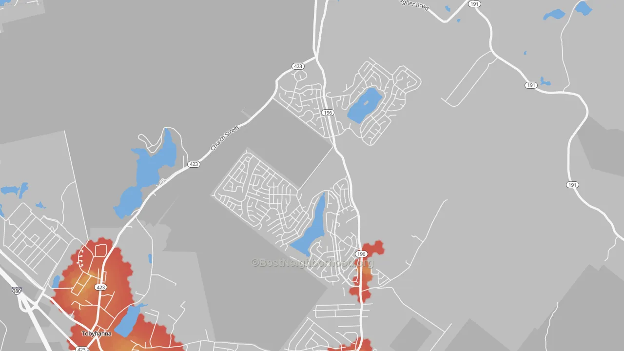 Walk Grade map of Pocono Country Place, Tobyhanna, PA, walkable areas in green and car-dependent areas in red
