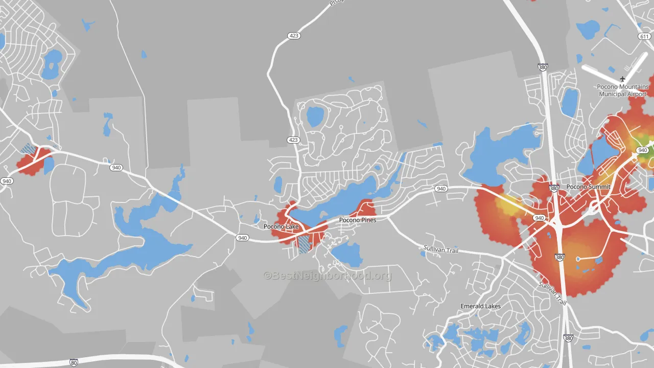 Walk Grade map of Pocono Pines, PA, walkable areas in green and car-dependent areas in red