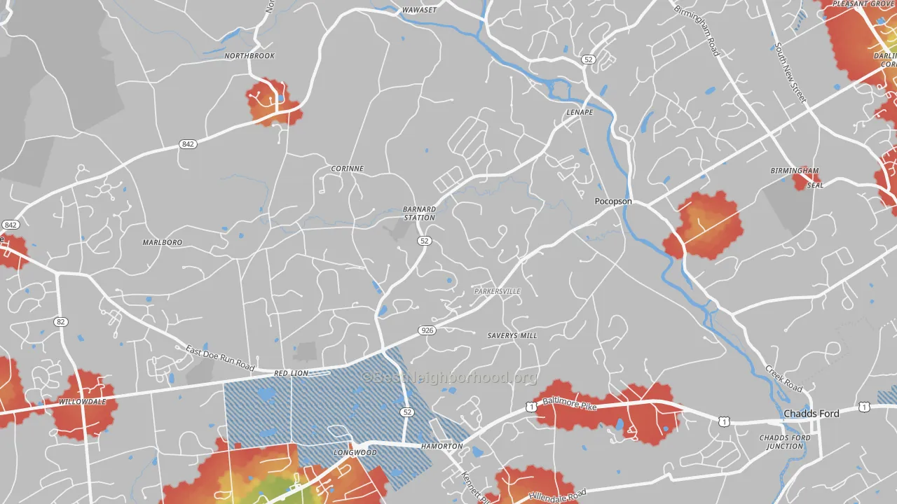 Walk Grade map of Pocopson, PA, walkable areas in green and car-dependent areas in red
