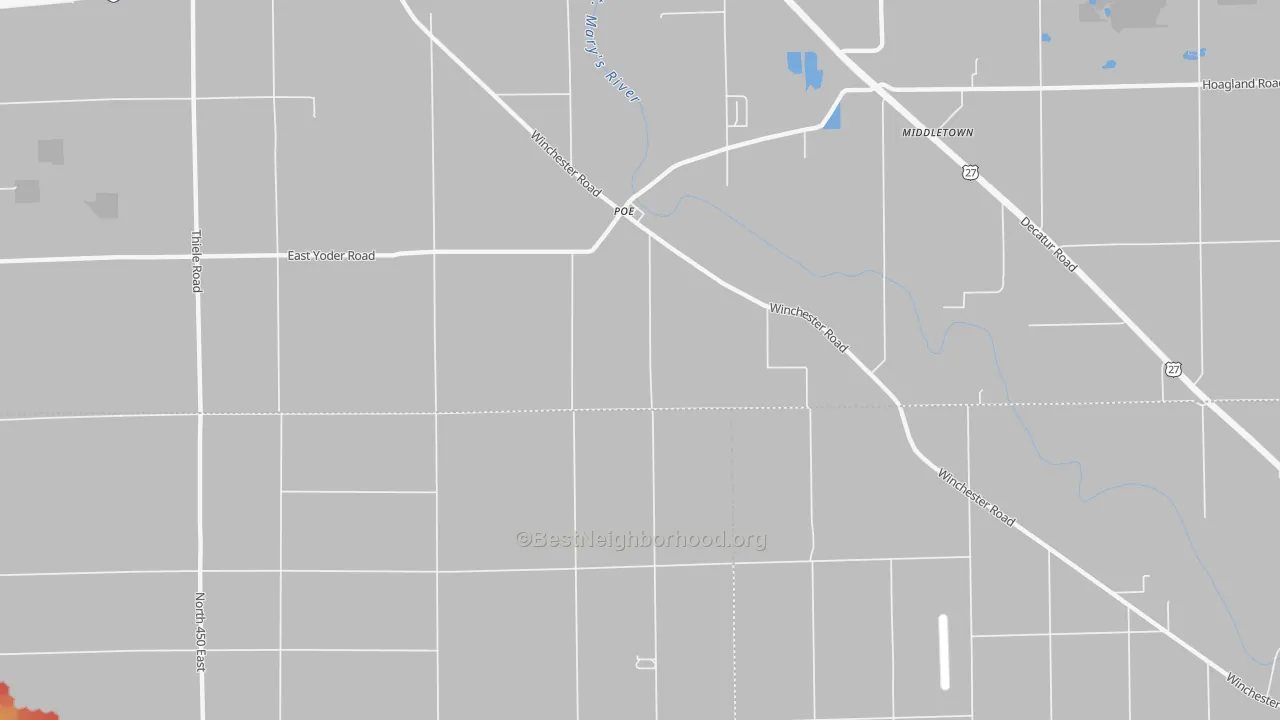 Walk Grade map of Poe, IN, walkable areas in green and car-dependent areas in red