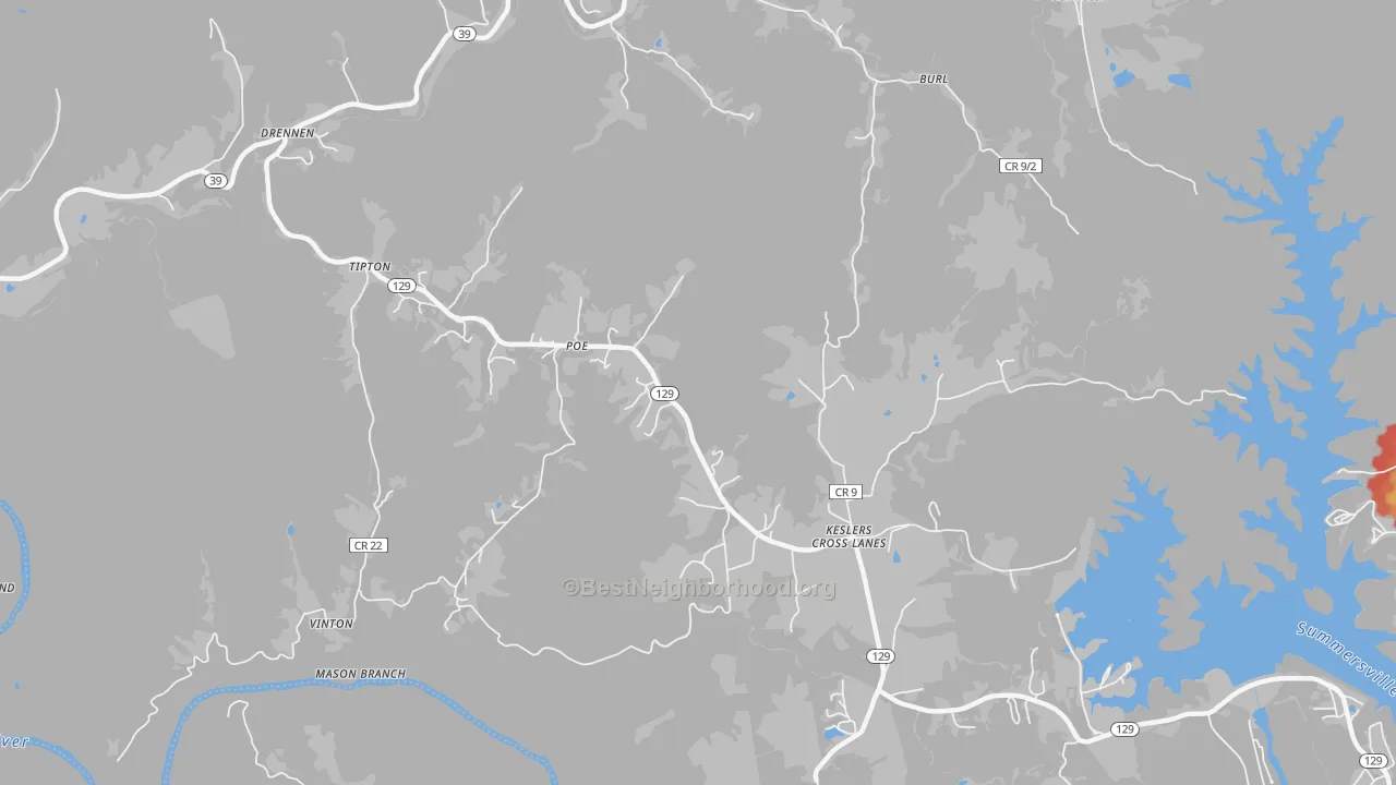 Walk Grade map of Poe, WV, walkable areas in green and car-dependent areas in red