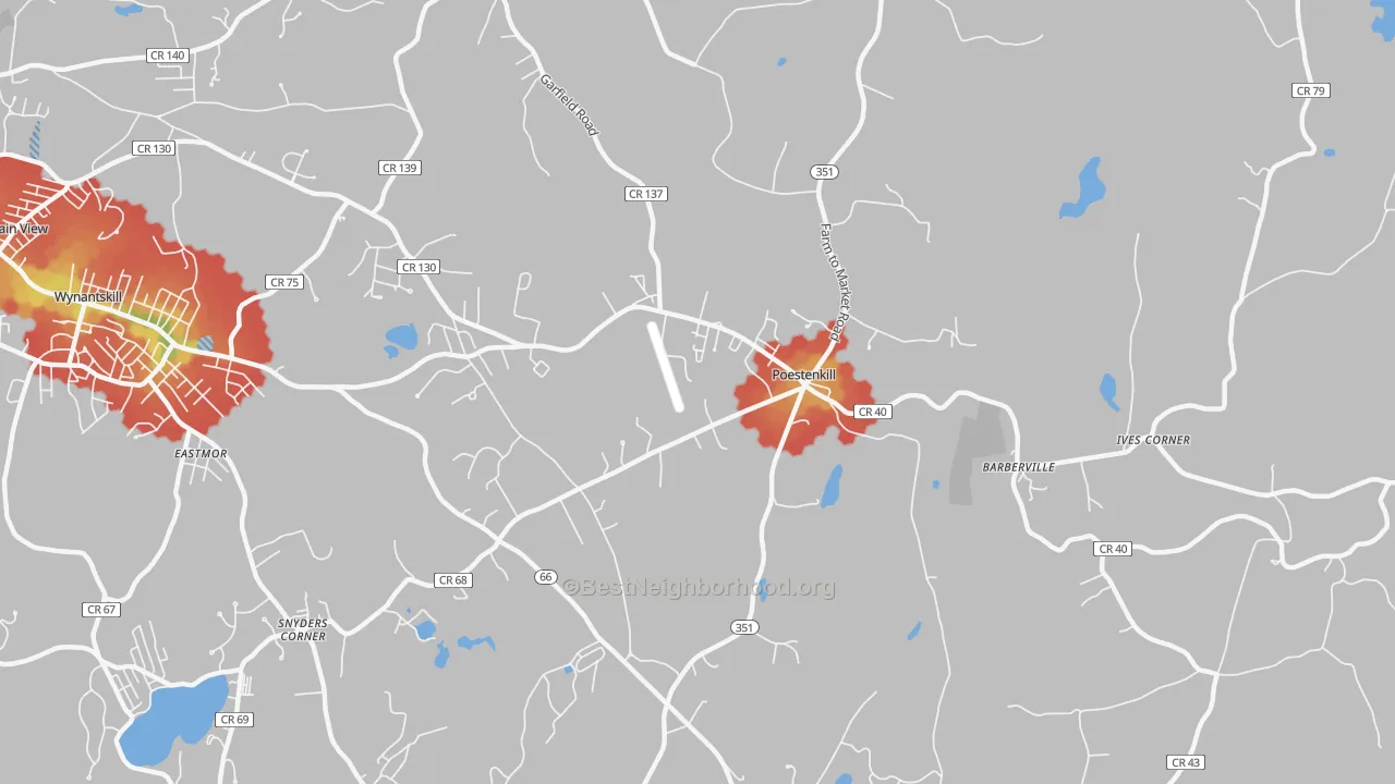Walk Grade map of Poestenkill, NY, walkable areas in green and car-dependent areas in red
