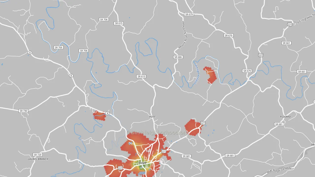 Walk Grade map of Poff, VA, walkable areas in green and car-dependent areas in red