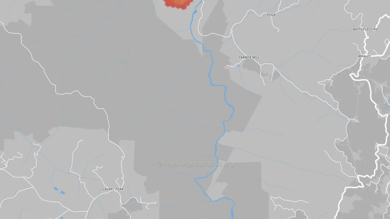 Walk Grade map of Poga, TN, walkable areas in green and car-dependent areas in red