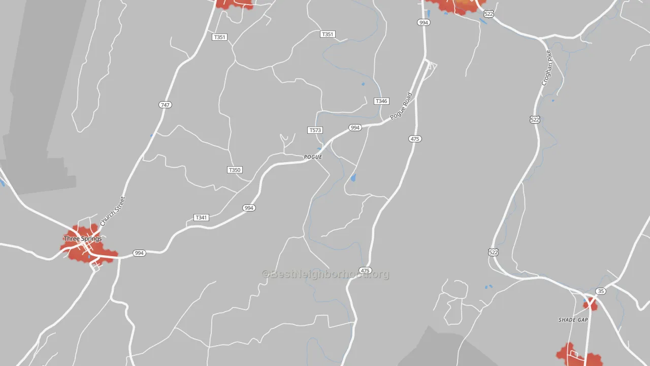 Walk Grade map of Pogue, PA, walkable areas in green and car-dependent areas in red