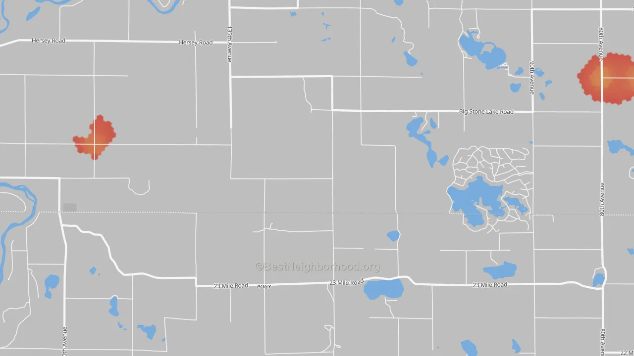 Walk Grade map of Pogy, MI, walkable areas in green and car-dependent areas in red