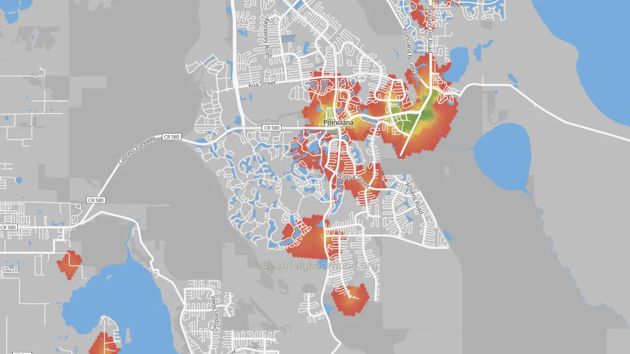 Walk Grade map of Poinciana, FL, walkable areas in green and car-dependent areas in red