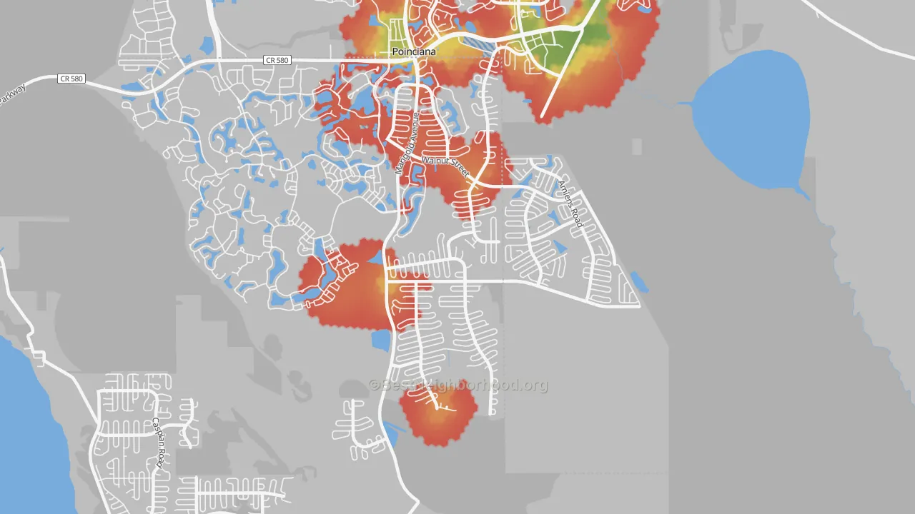 Walk Grade map of Poinciana-Village 3, Poinciana, FL, walkable areas in green and car-dependent areas in red
