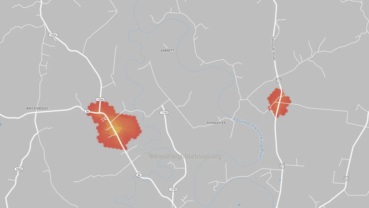 Walk Grade map of Poindexter, KY, walkable areas in green and car-dependent areas in red