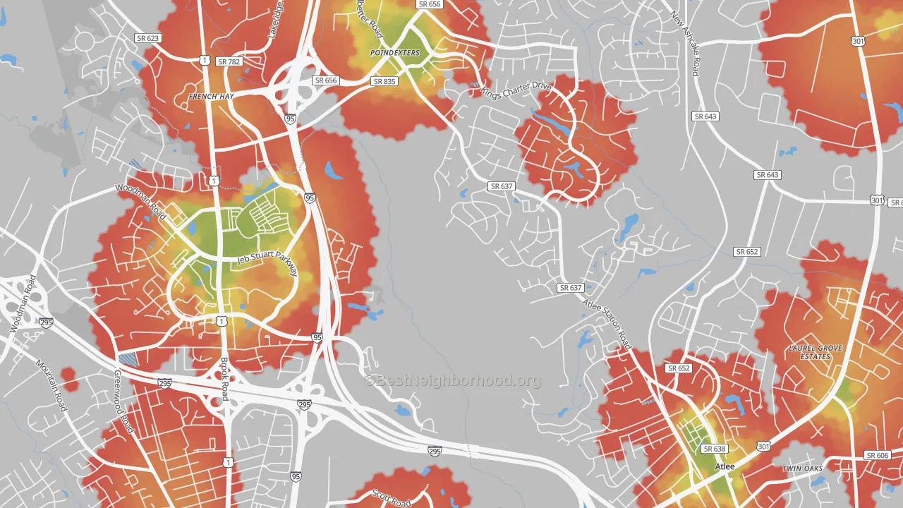 Walk Grade map of Poindexters, VA, walkable areas in green and car-dependent areas in red
