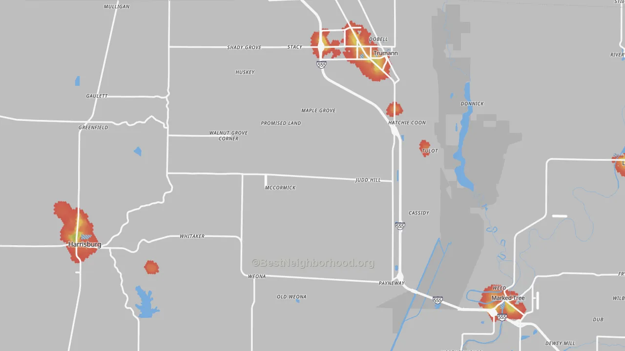 Walk Grade map of Poinsett County, AR, walkable areas in green and car-dependent areas in red