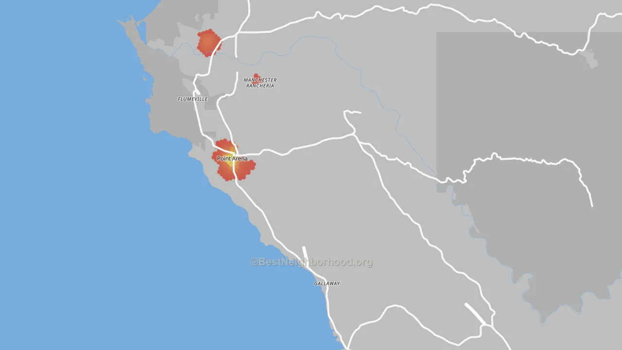 Walk Grade map of Point Arena, CA, walkable areas in green and car-dependent areas in red