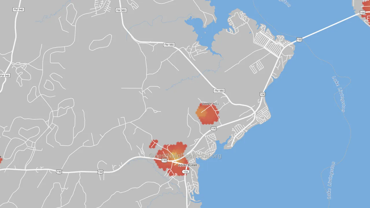 Walk Grade map of Point Blank, TX, walkable areas in green and car-dependent areas in red