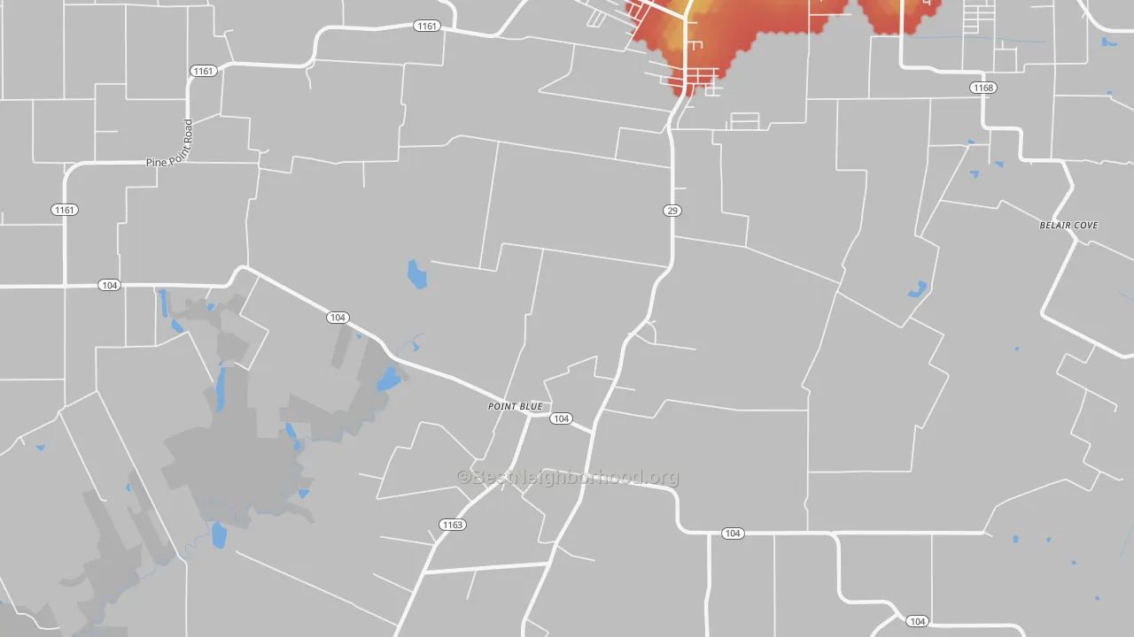 Walk Grade map of Point Blue, LA, walkable areas in green and car-dependent areas in red