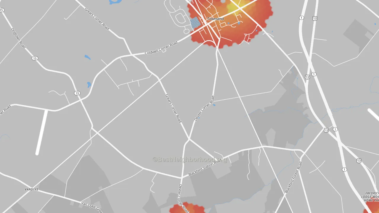 Walk Grade map of Point Breeze, DE, walkable areas in green and car-dependent areas in red