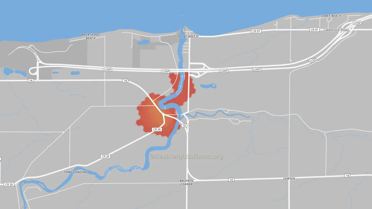 Walk Grade map of Point Breeze, NY, walkable areas in green and car-dependent areas in red