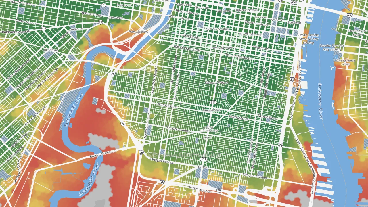 Walk Grade map of Point Breeze-Philadelphia, Philadelphia, PA, walkable areas in green and car-dependent areas in red