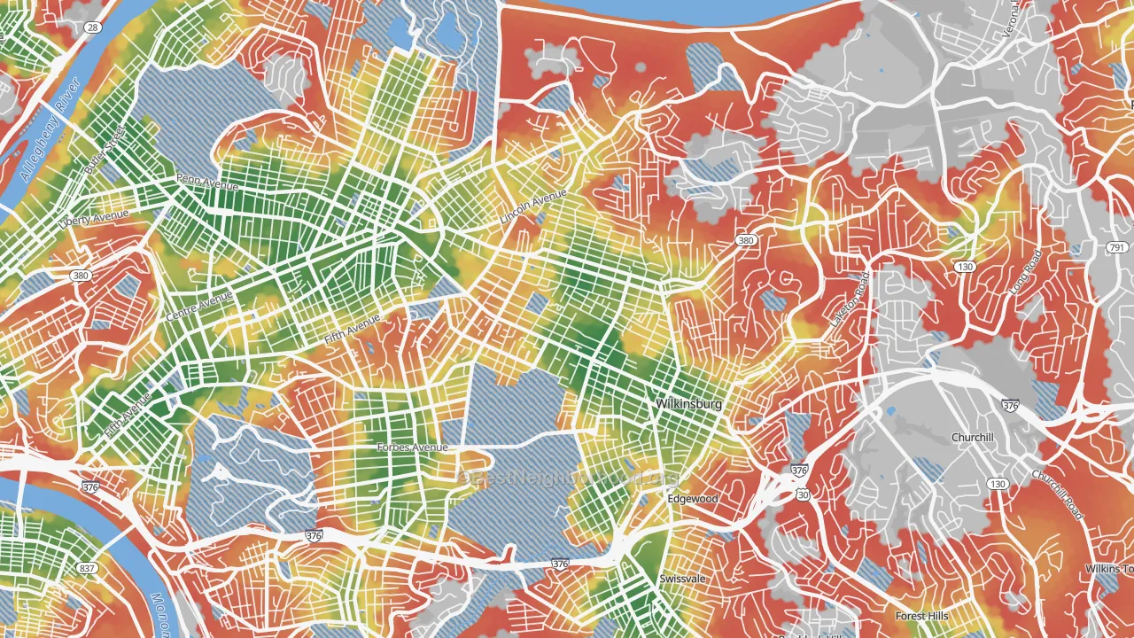Walk Grade map of Point Breeze, Pittsburgh, PA, walkable areas in green and car-dependent areas in red