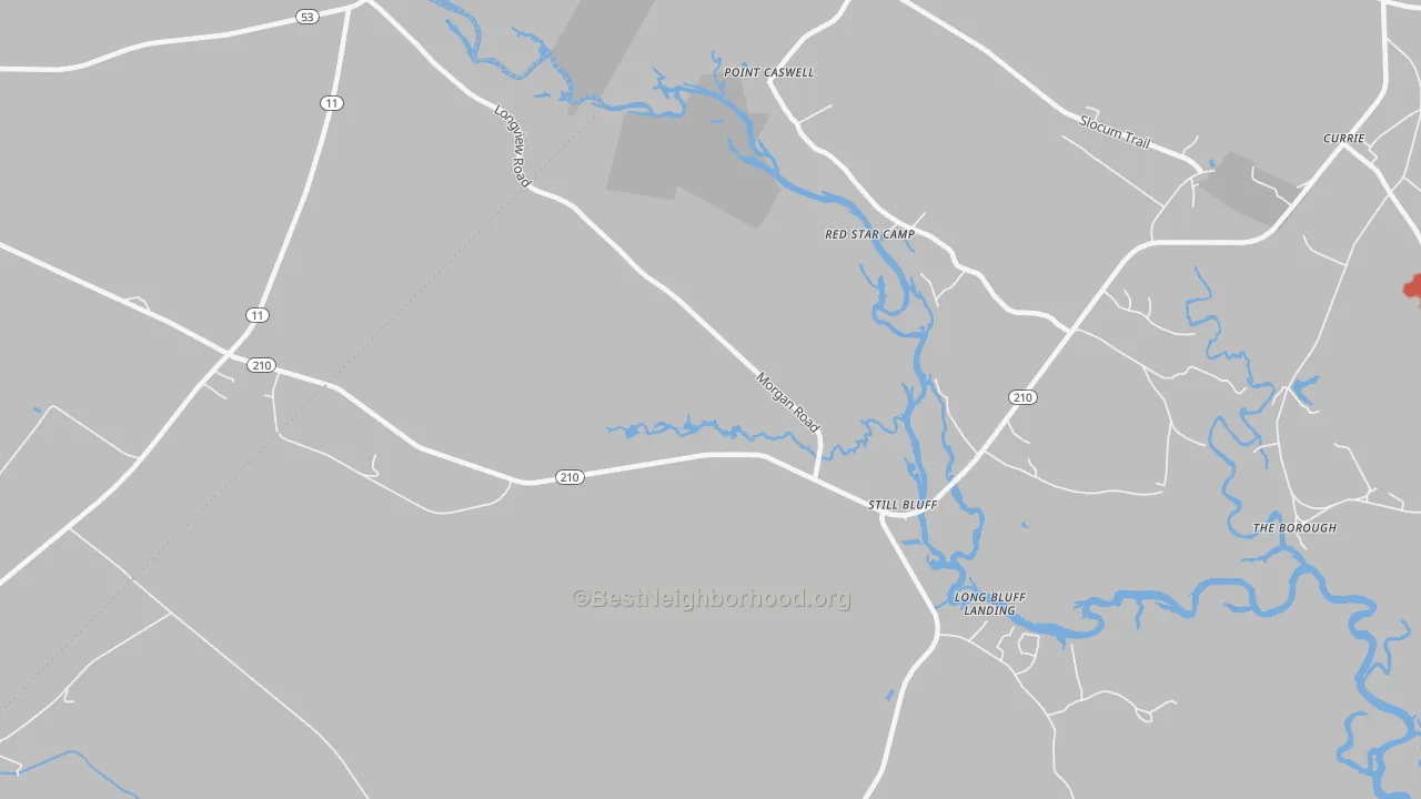 Walk Grade map of Point Caswell, NC, walkable areas in green and car-dependent areas in red