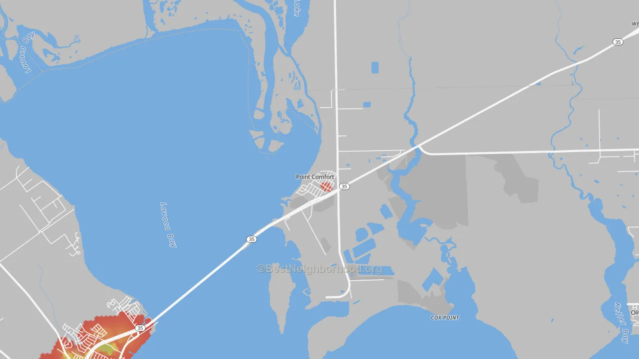 Walk Grade map of Point Comfort, TX, walkable areas in green and car-dependent areas in red