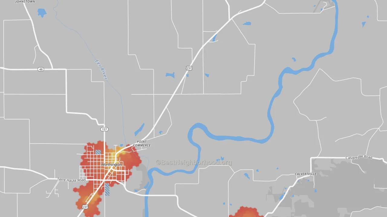 Walk Grade map of Point Commerce, IN, walkable areas in green and car-dependent areas in red