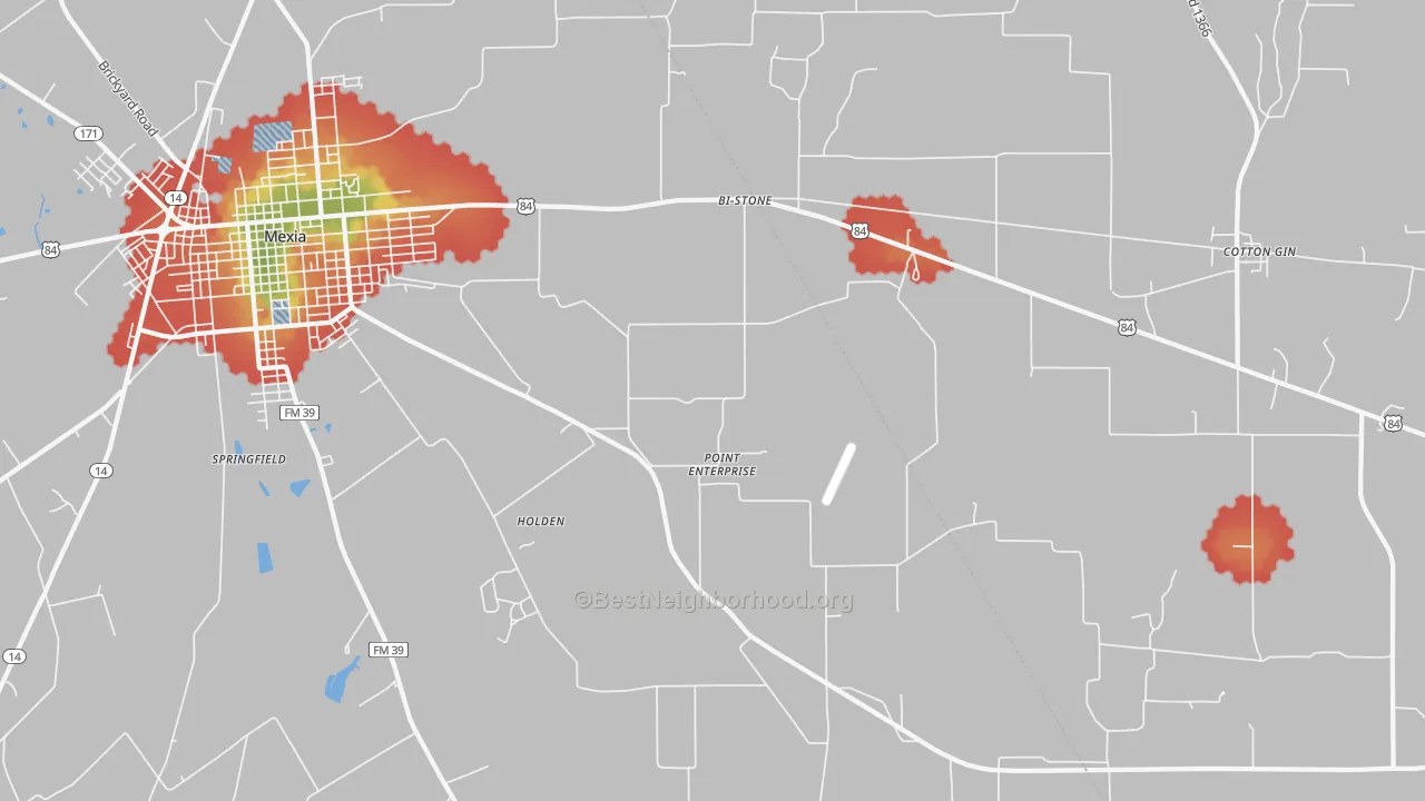 Walk Grade map of Point Enterprise, TX, walkable areas in green and car-dependent areas in red