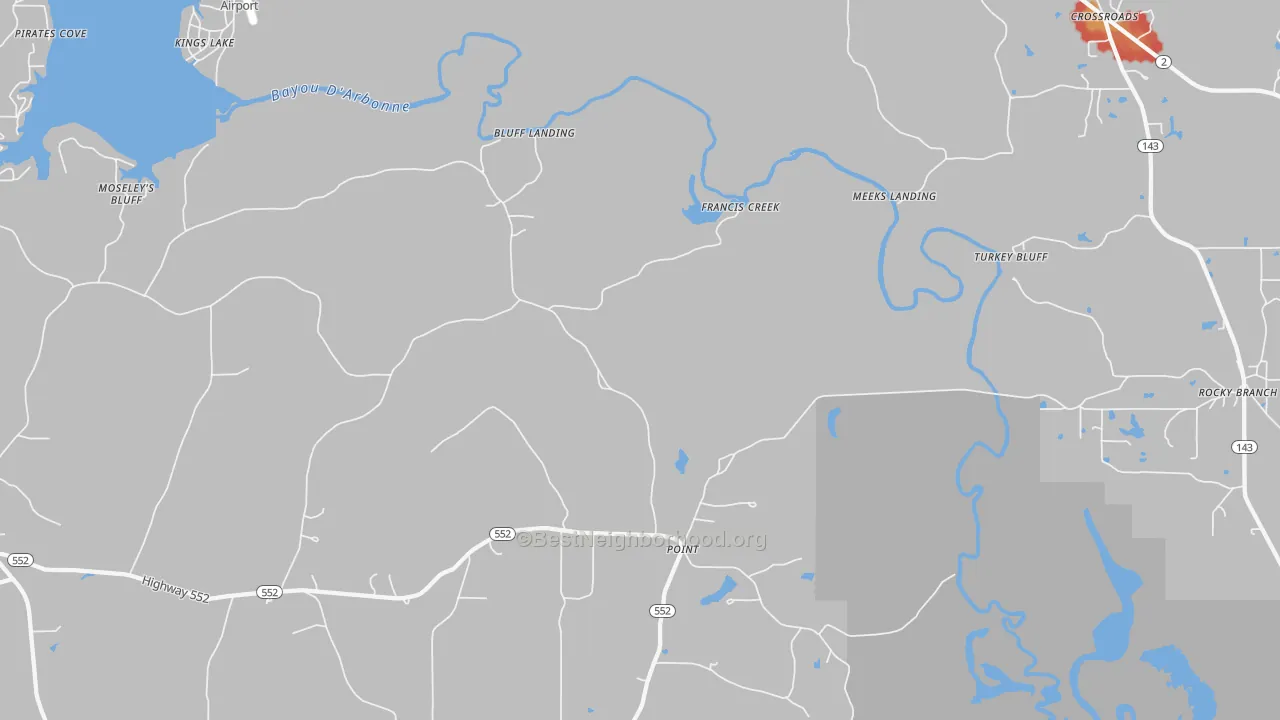 Walk Grade map of Point, LA, walkable areas in green and car-dependent areas in red