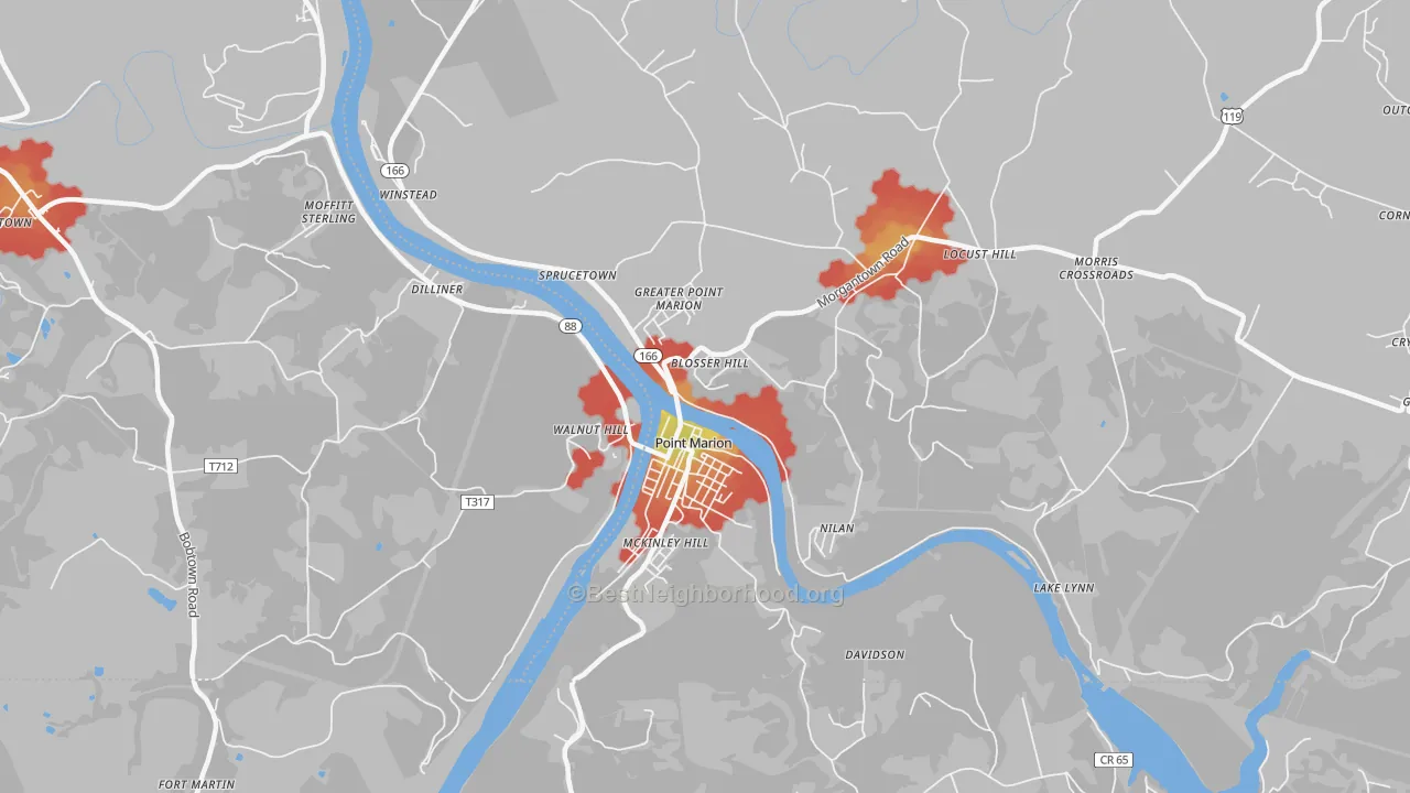 Walk Grade map of Point Marion, PA, walkable areas in green and car-dependent areas in red