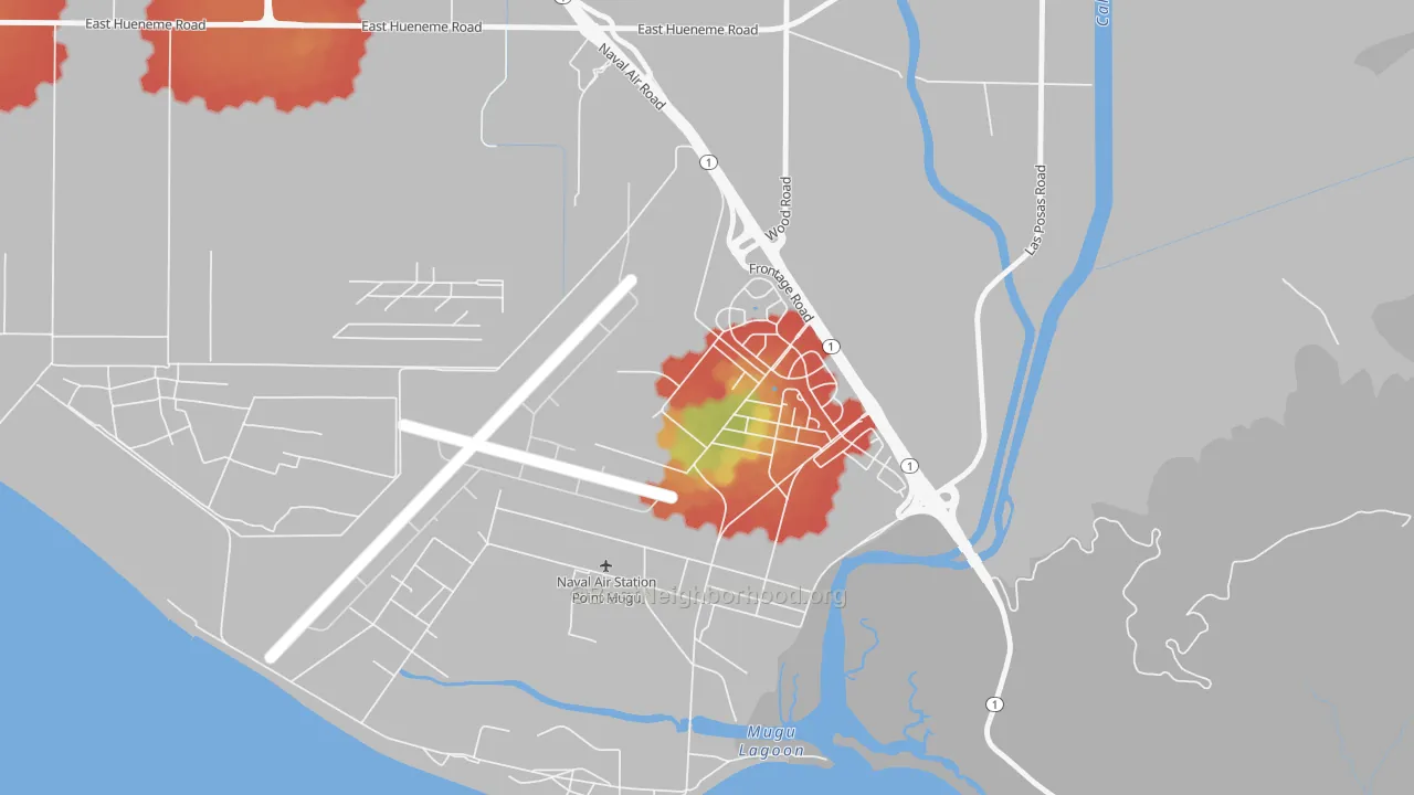Walk Grade map of Point Mugu Nawc, CA, walkable areas in green and car-dependent areas in red