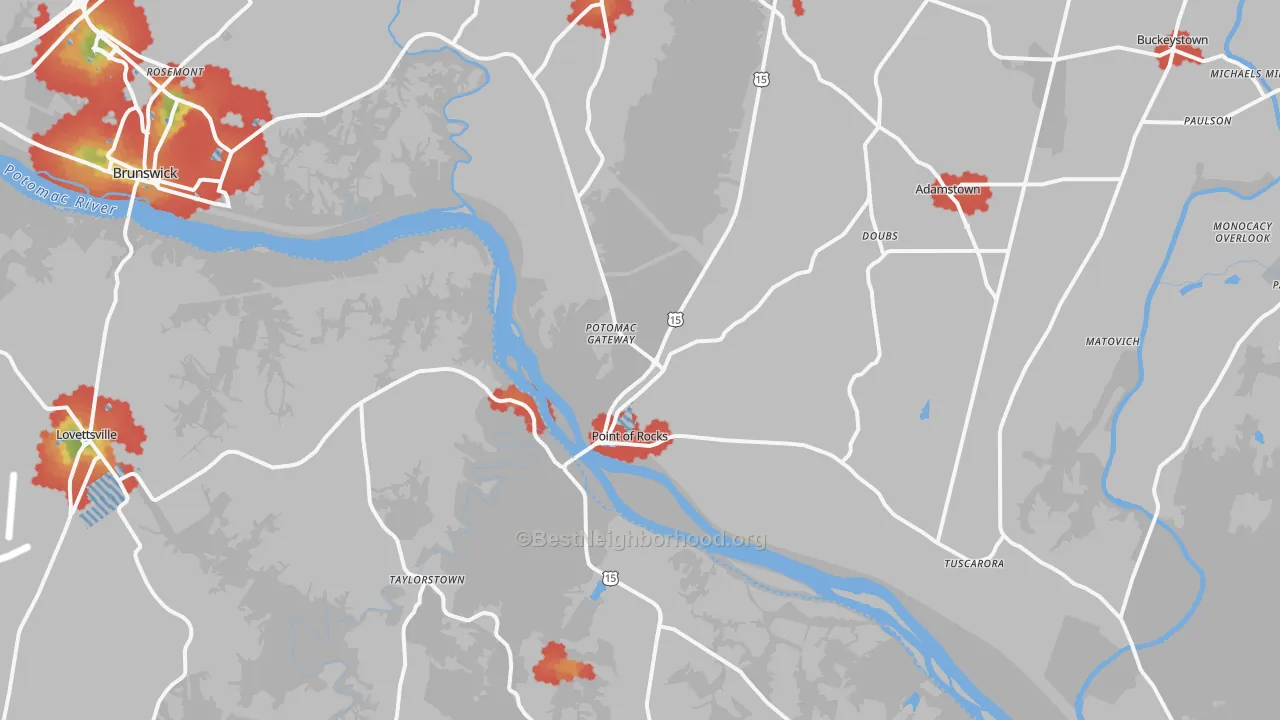 Walk Grade map of Point Of Rocks, MD, walkable areas in green and car-dependent areas in red