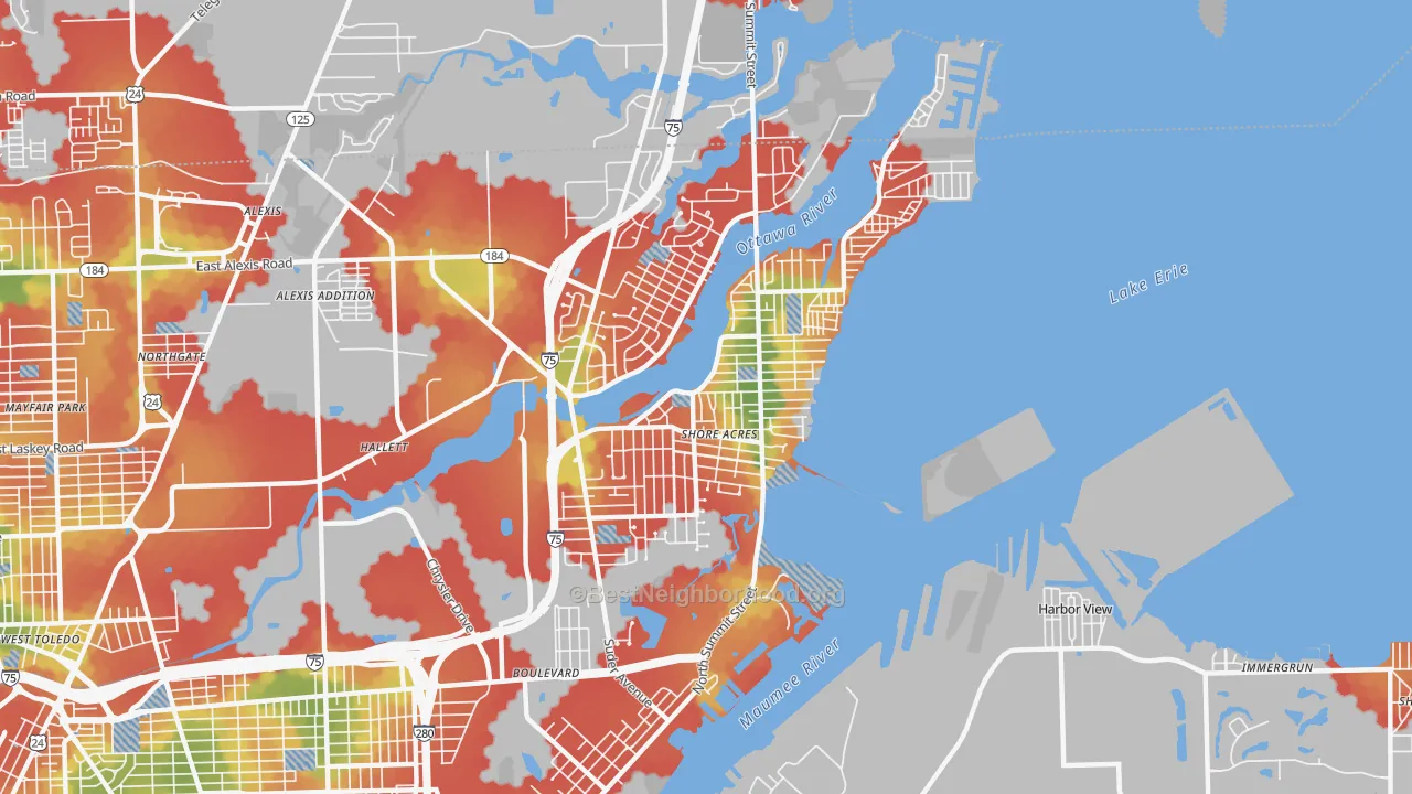 Walk Grade map of Point Place, Toledo, OH, walkable areas in green and car-dependent areas in red