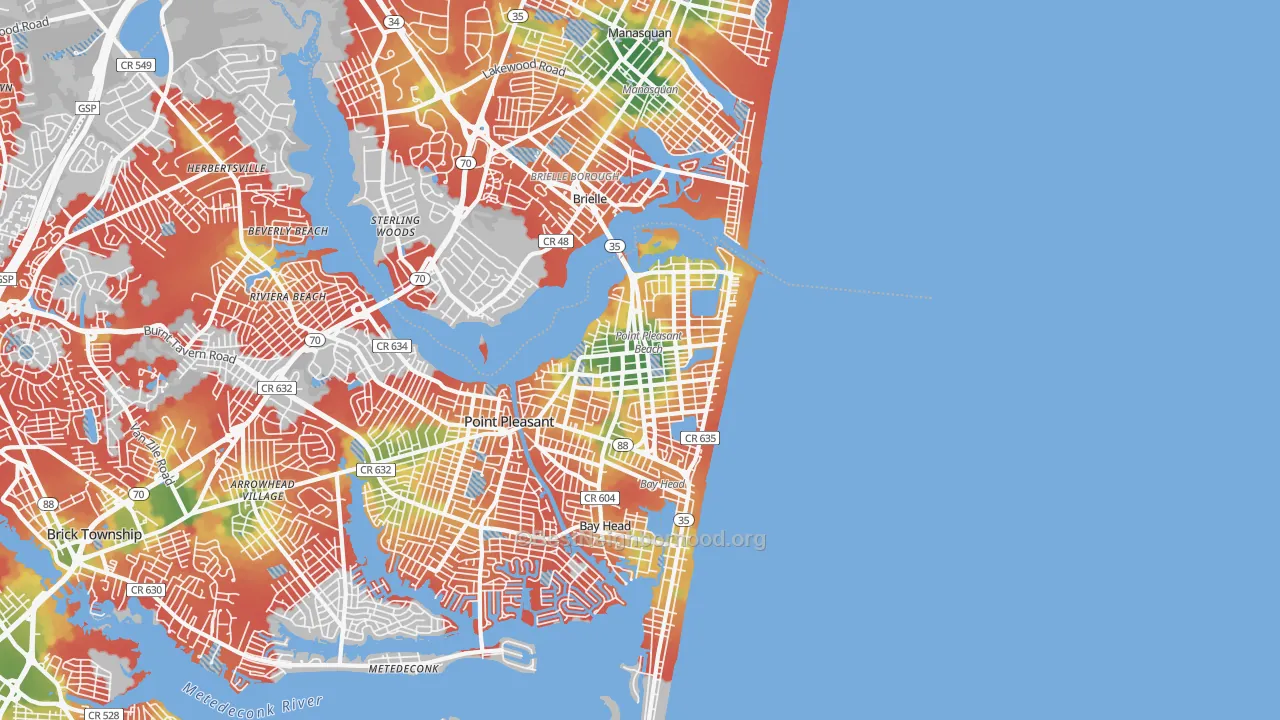 Walk Grade map of Point Pleasant Beach, NJ, walkable areas in green and car-dependent areas in red