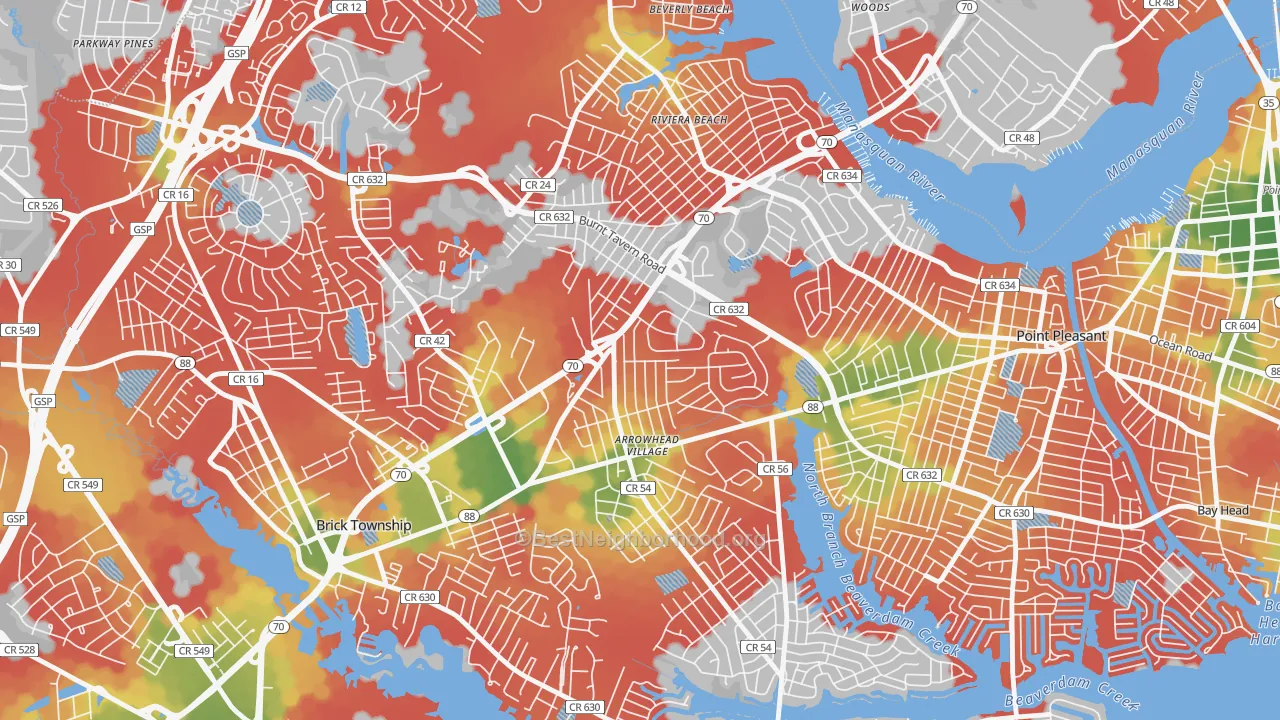 Walk Grade map of Point Pleasant Manor, Brick, NJ, walkable areas in green and car-dependent areas in red