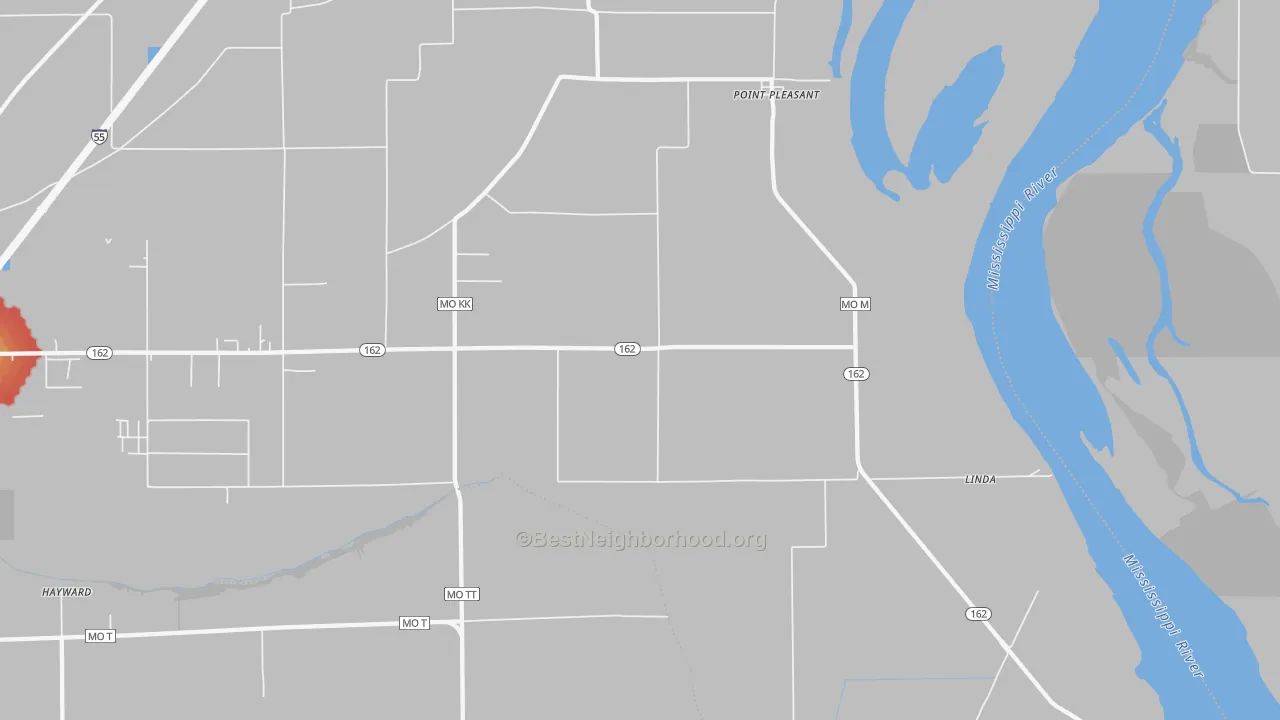 Walk Grade map of Point Pleasant, MO, walkable areas in green and car-dependent areas in red