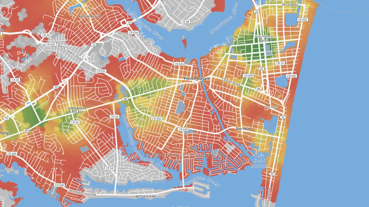 Walk Grade map of Point Pleasant, NJ, walkable areas in green and car-dependent areas in red