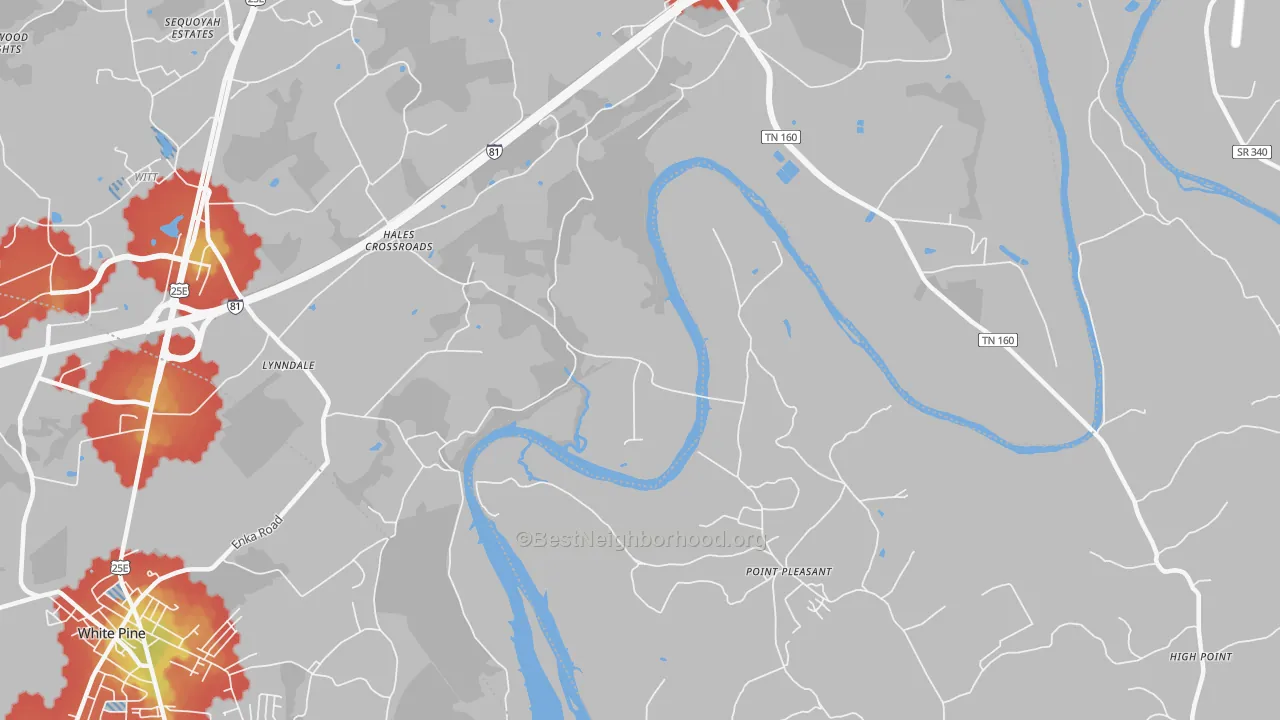 Walk Grade map of Point Pleasant, TN, walkable areas in green and car-dependent areas in red