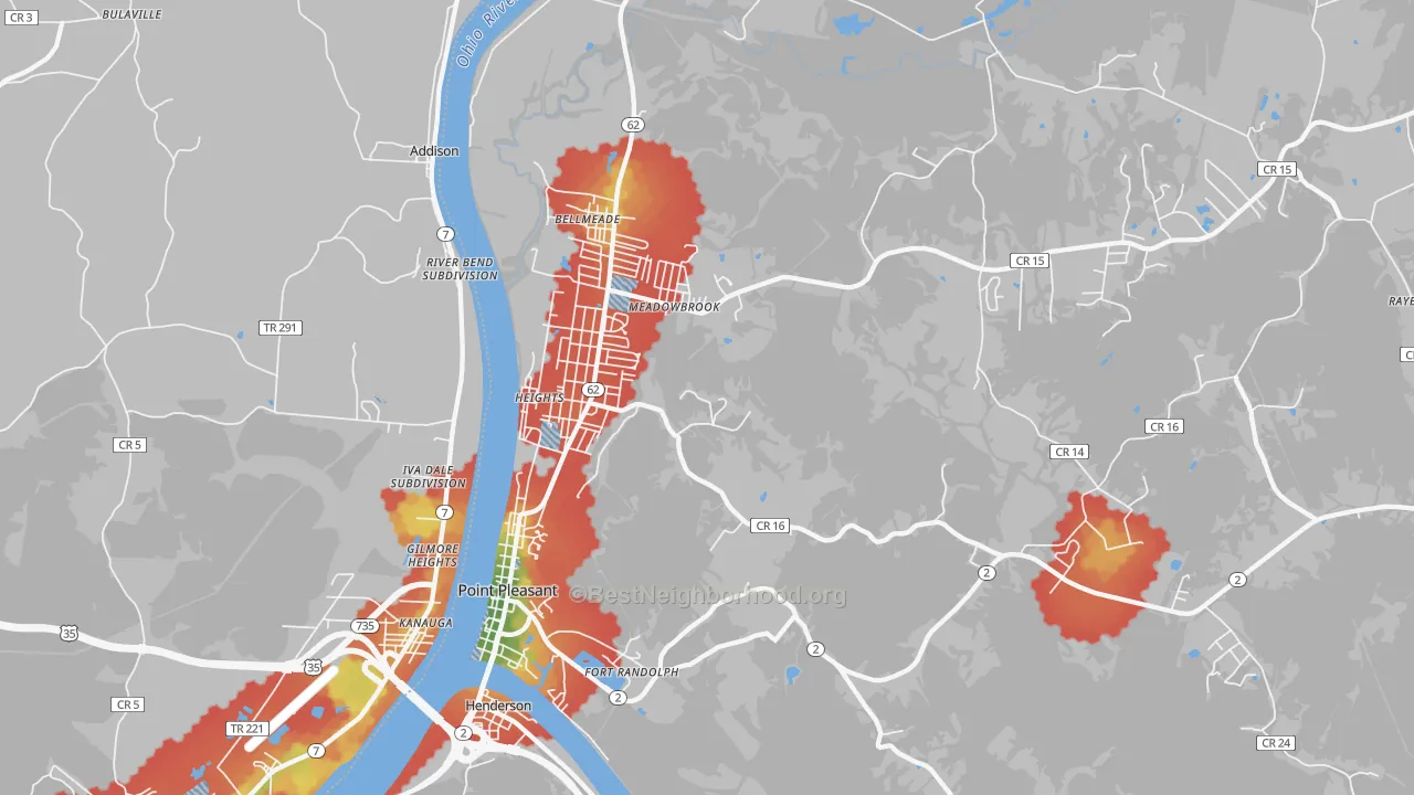 Walk Grade map of Point Pleasant, WV, walkable areas in green and car-dependent areas in red
