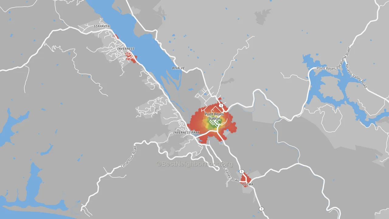 Walk Grade map of Point Reyes Station, CA, walkable areas in green and car-dependent areas in red