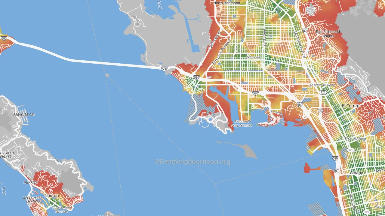 Walk Grade map of Point Richmond, Richmond, CA, walkable areas in green and car-dependent areas in red