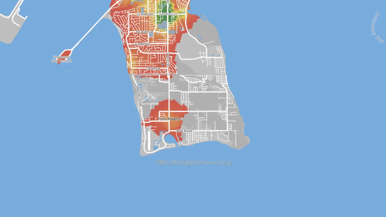 Walk Grade map of Point Roberts, WA, walkable areas in green and car-dependent areas in red